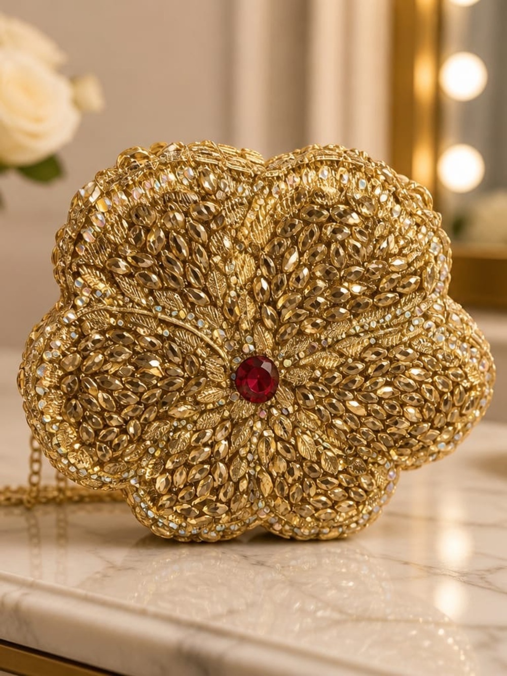 Gold Jeweled Floral Minaudière with Red Center Stone